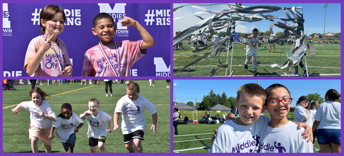 Grid of four photos which show students participating in the Middie Olympics